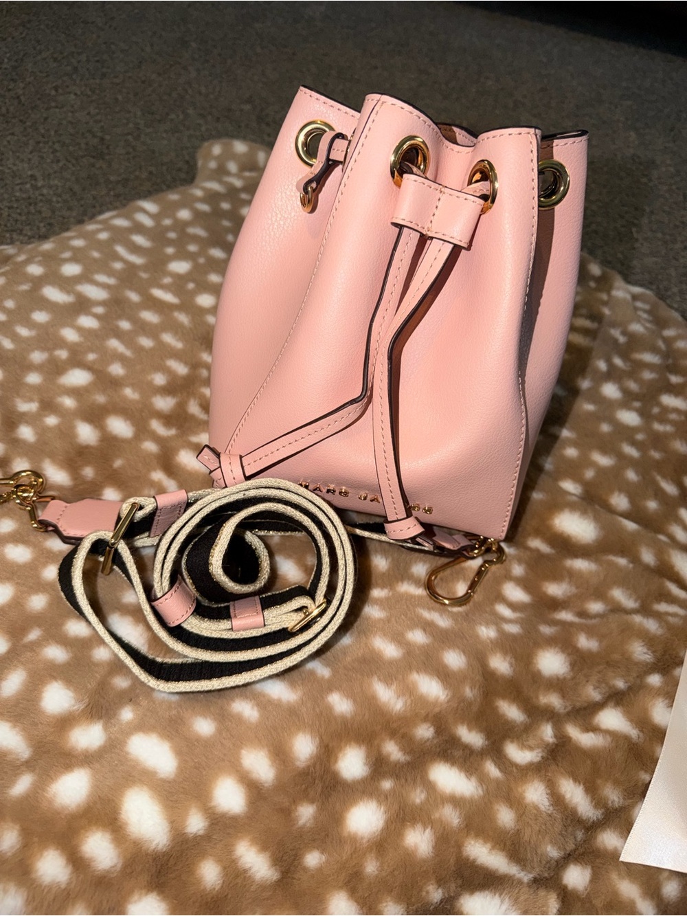 Marc Jacobs Pink Drawstring Bucket Style Bag with Striped Strap